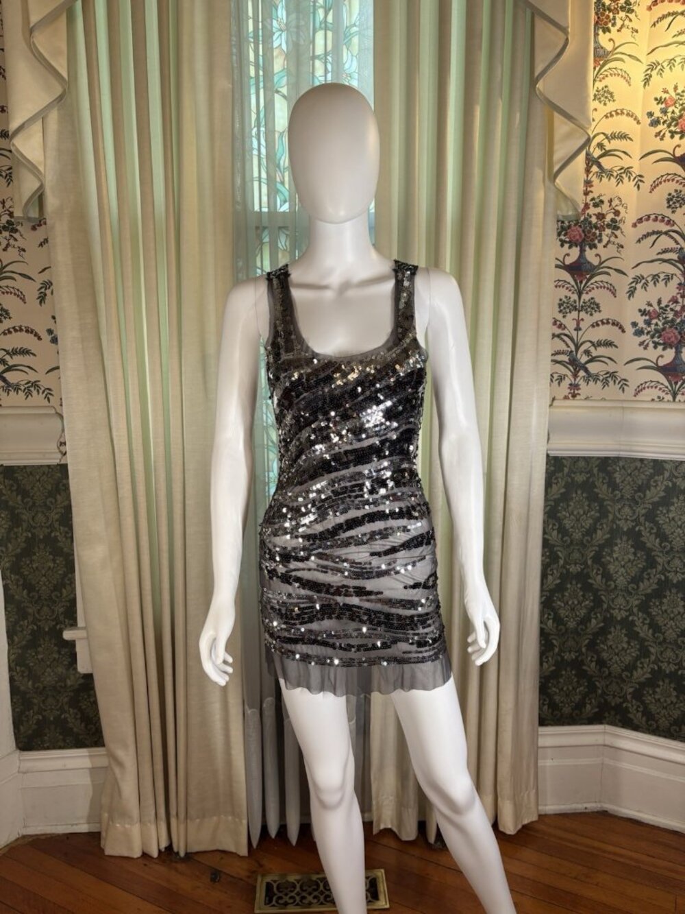 Wet Seal Gunmetal Silver Sequin Stripe Sheer Mesh Micro Mini Dress S Racerback